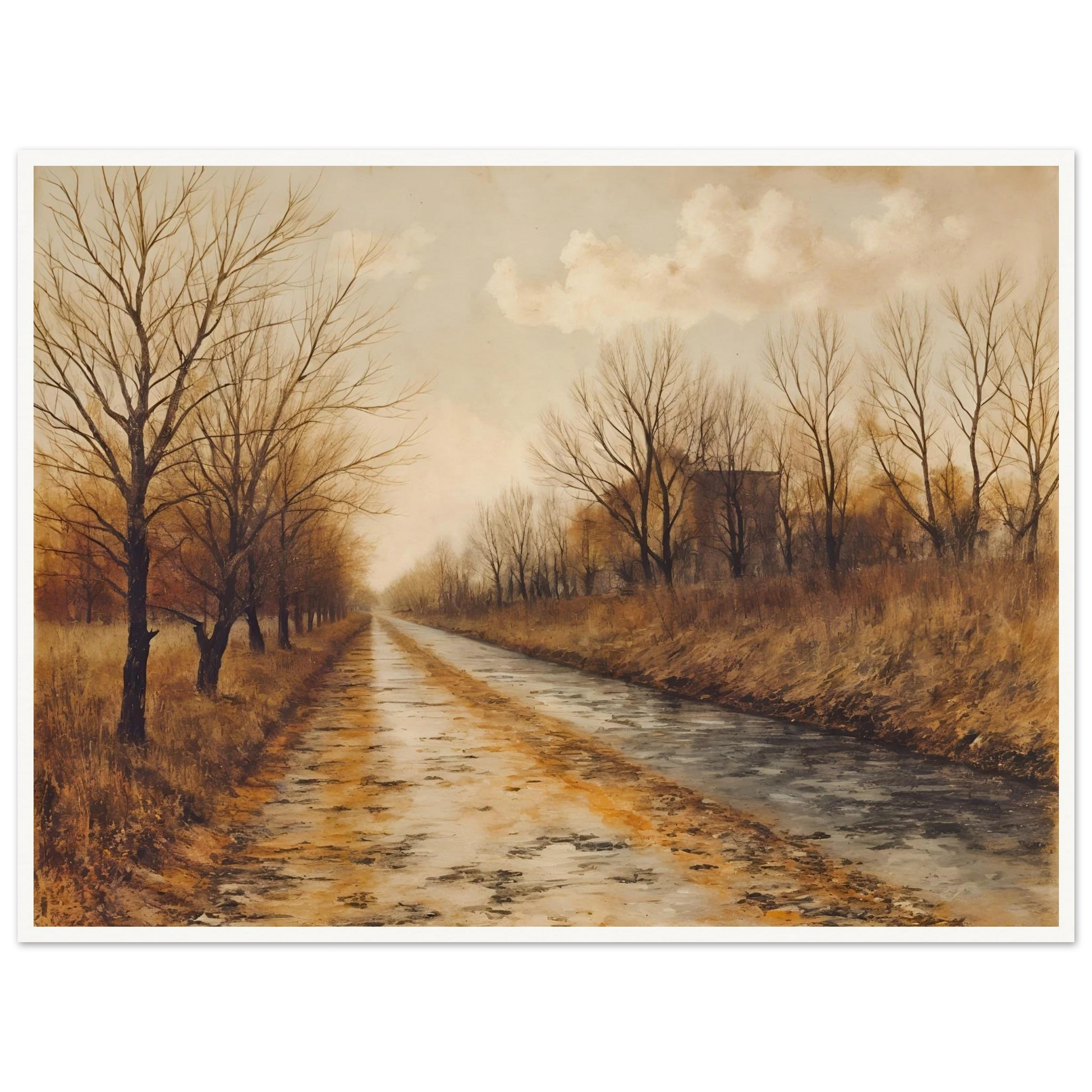 A tranquil autumn road lined with bare trees and golden grass under soft clouds, evoking stillness and quiet reflection.