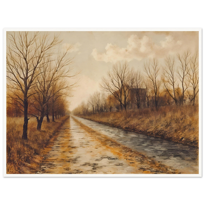 A tranquil autumn road lined with bare trees and golden grass under soft clouds, evoking stillness and quiet reflection.