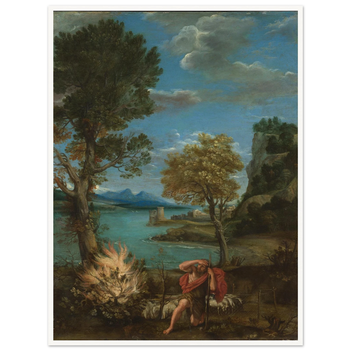 Moses kneels near the burning bush in a classical landscape with trees, sheep, lake, and distant mountains.