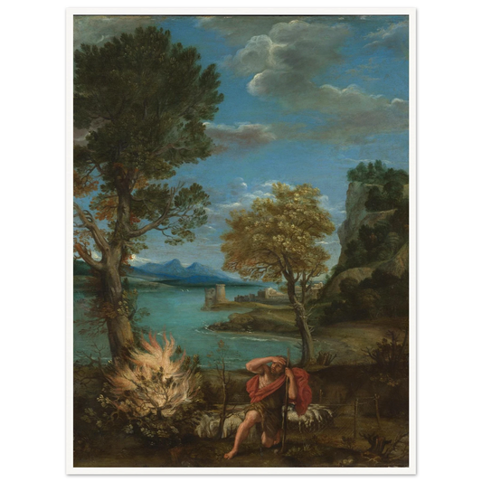 Moses kneels near the burning bush in a classical landscape with trees, sheep, lake, and distant mountains.