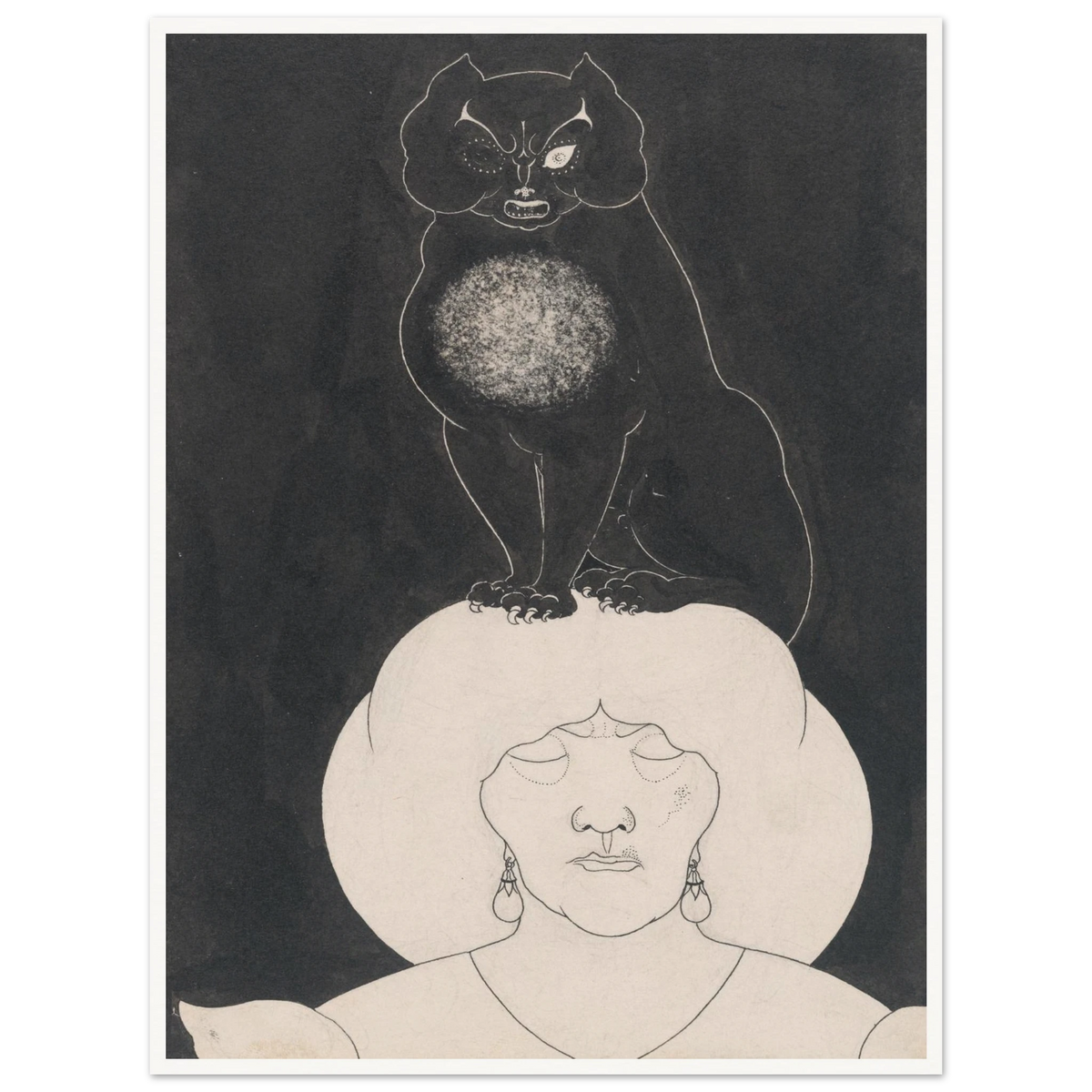 A black cat sits atop a white-hatted woman’s head against a dark background in a macabre illustration.