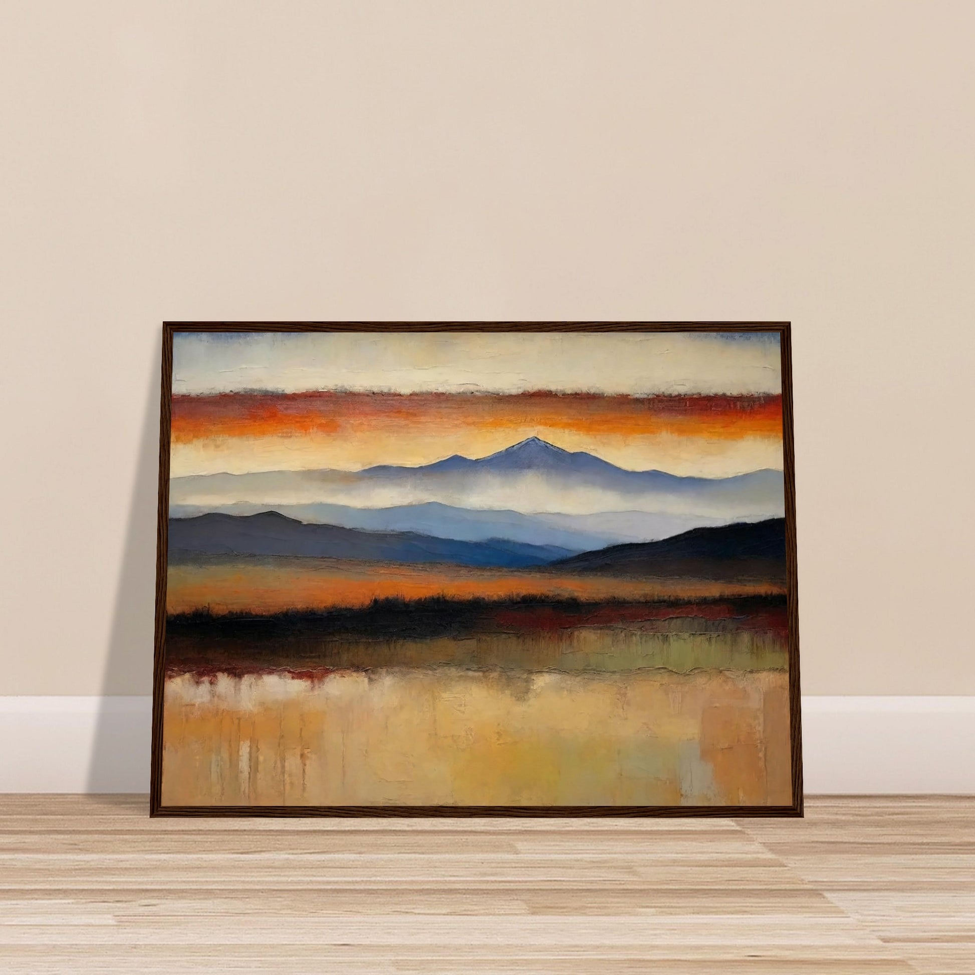 A peaceful painting of a vast landscape with layered mountains in the distance and a colorful sunset sky.