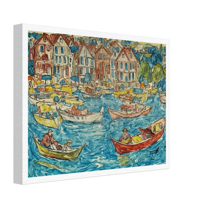 Colorful depiction of a lively harbor with boats and people on a sunny day, with charming houses lining the waterfront.