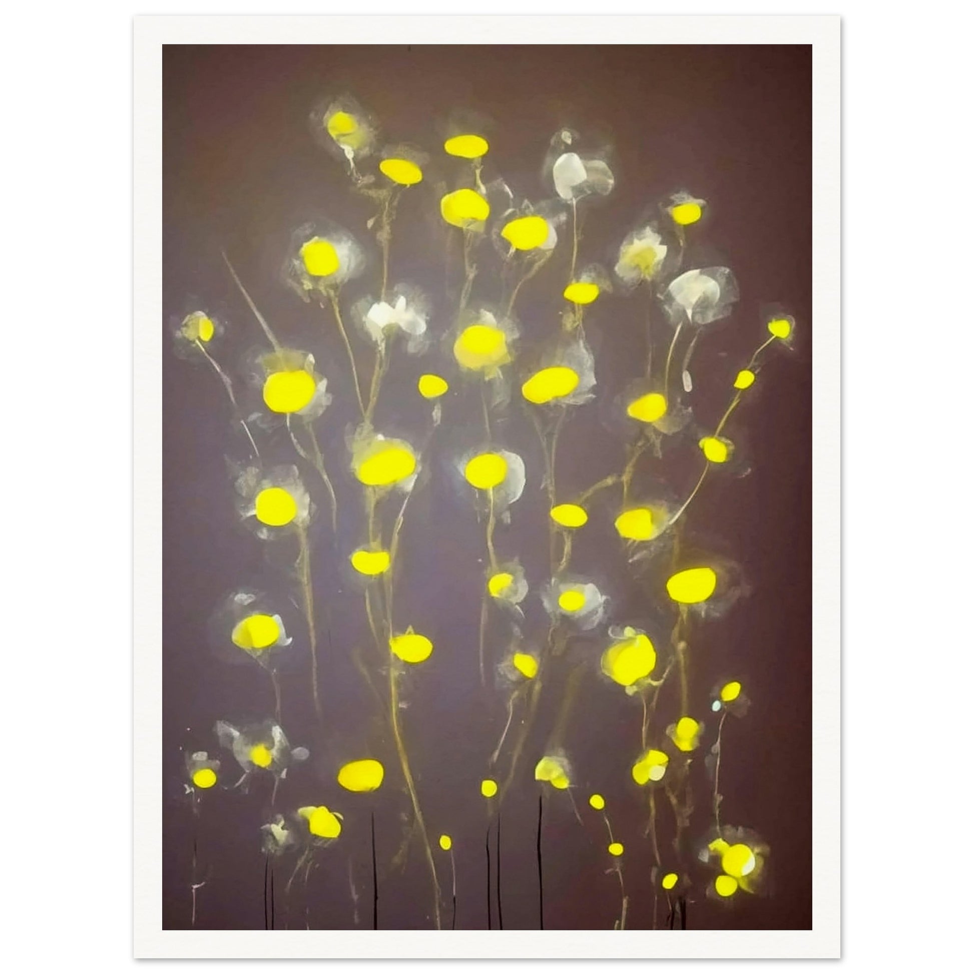 A minimalist painting featuring glowing yellow flowers with soft, translucent petals on a muted gray background, exuding a serene elegance.