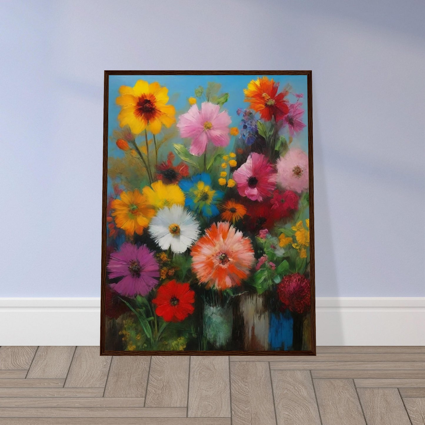 A colorful bouquet of various flowers in full bloom set against a bright blue background, showcasing a mix of vibrant hues.