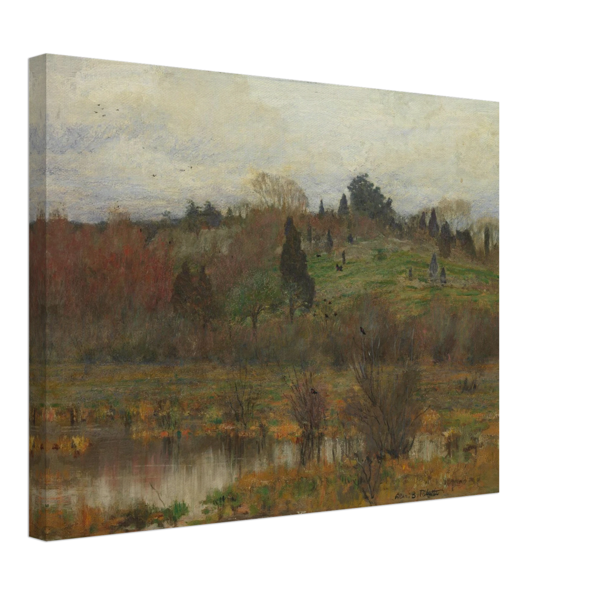Muted marsh landscape with pond, hills, trees, and red-winged birds under a pale sky.