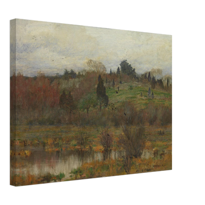 Muted marsh landscape with pond, hills, trees, and red-winged birds under a pale sky.
