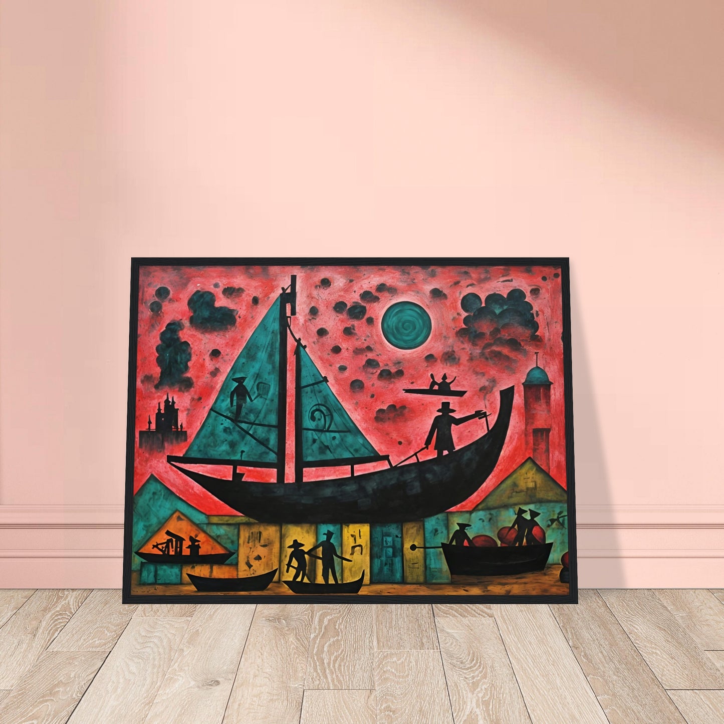 A surreal painting of silhouetted figures on boats against a red sky, featuring dark teal sails, mysterious buildings, and a glowing moon.