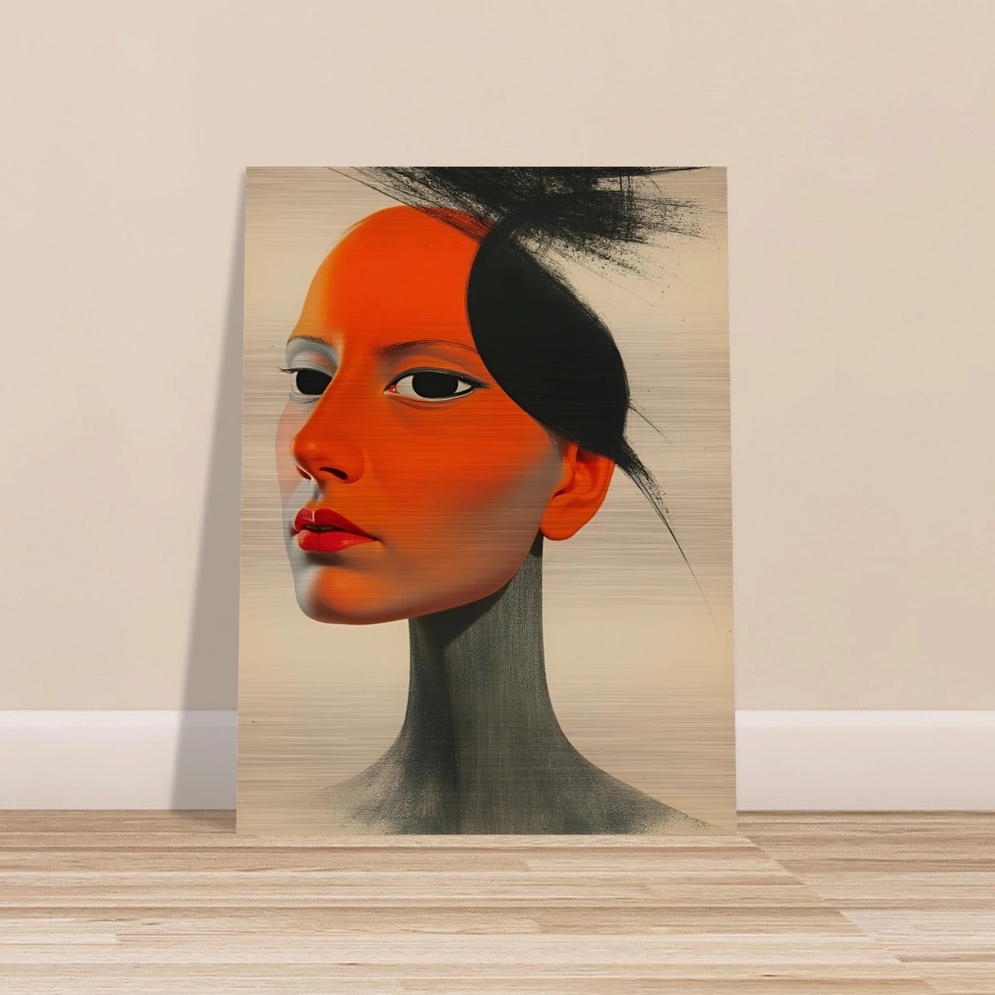 A surreal portrait of a woman with vivid orange skin and intense gaze, blending soft realism with bold graphic contrasts.