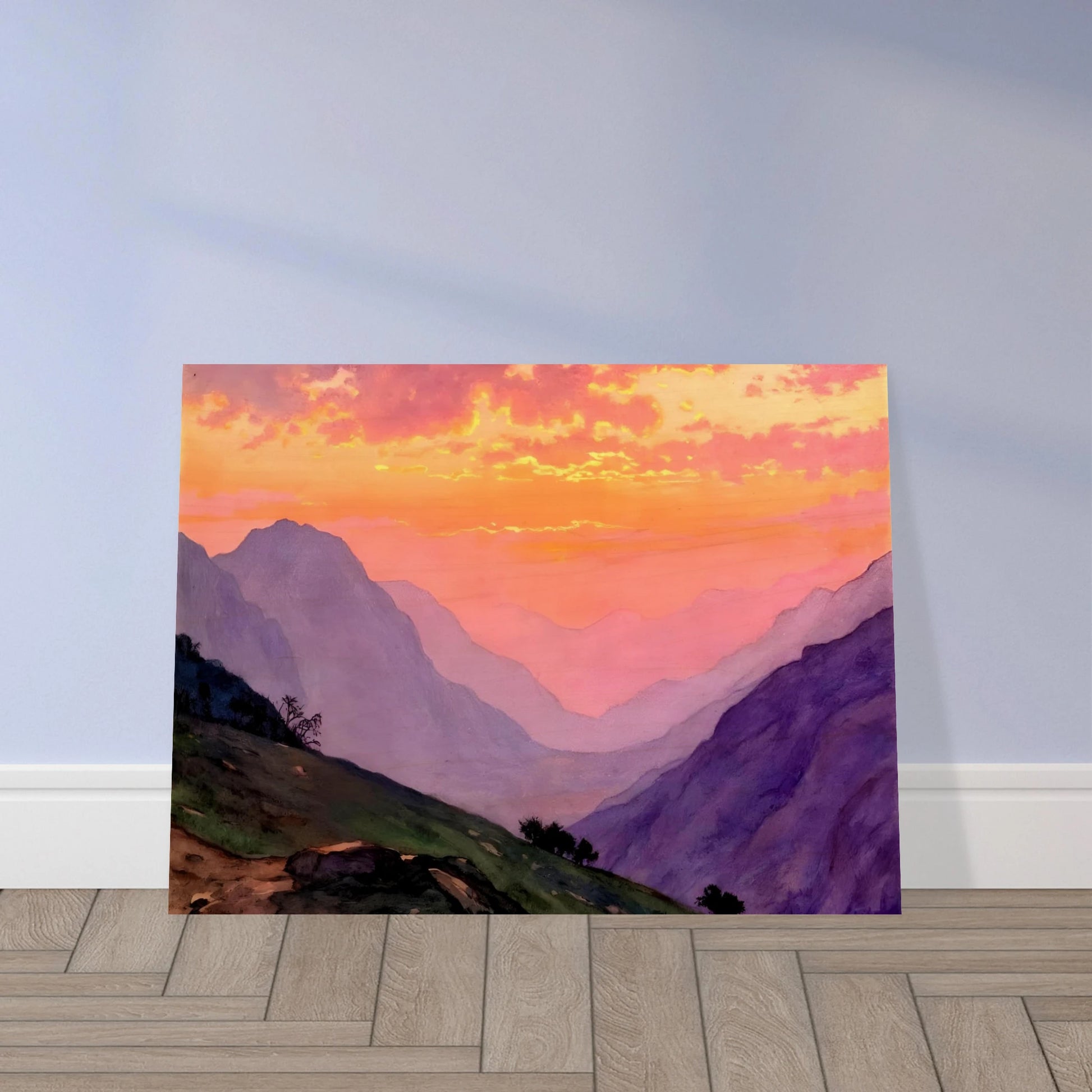 A dreamy mountain valley bathed in pink and golden sunset light, with layered violet peaks fading into the distance.