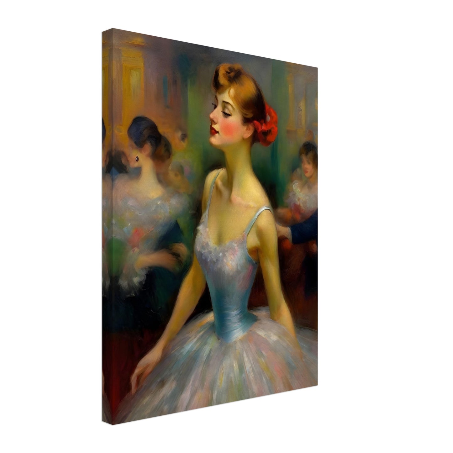 A captivating portrait of a ballerina in a pastel gown with a red flower in her hair, exuding grace and elegance in a dimly lit ballroom.