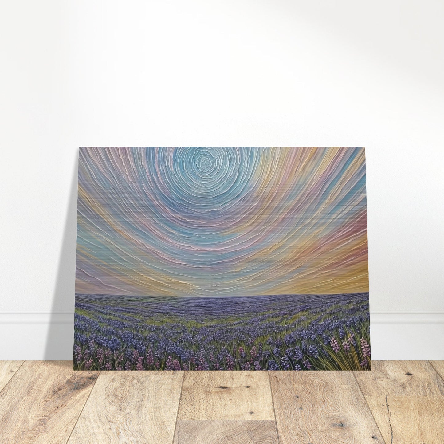 Surreal painting of a vast lavender field under a swirling pastel sky, creating a dreamlike atmosphere.