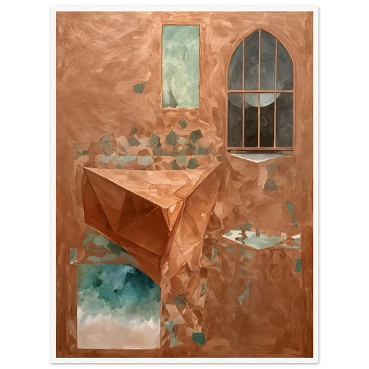 A surreal architectural scene with geometric shapes, fractured walls, and mysterious windows, blending warm earthy tones with cool reflections of sky and water.