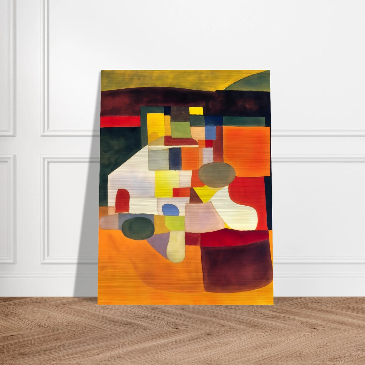 A cubist-inspired artwork of bold orange, yellow, and green shapes forming an abstract landscape of color and form.