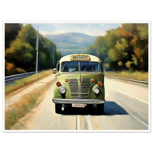 "A nostalgic painting of a vintage green bus traveling on a peaceful countryside road, surrounded by trees and distant hills."