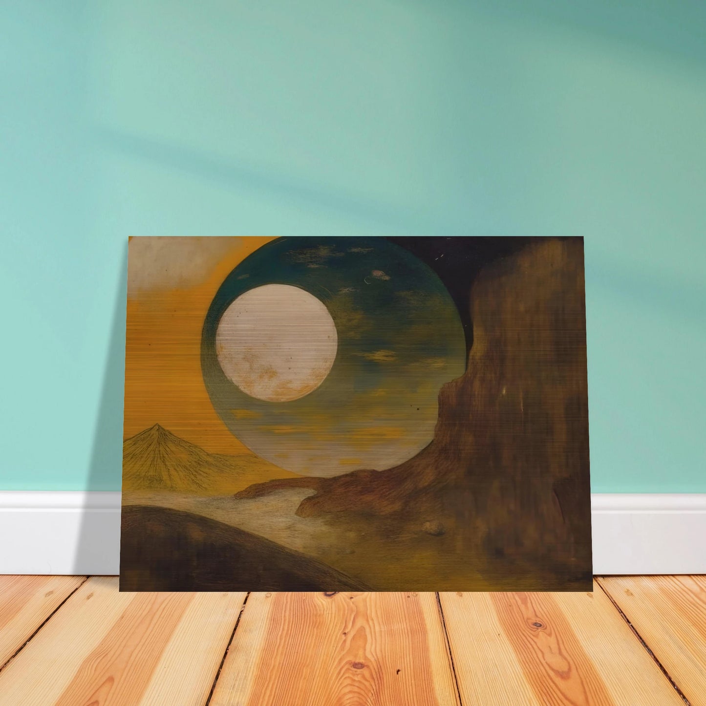 A glowing moon rises over desert cliffs, golden sky, distant pyramid, and shadowed hills.