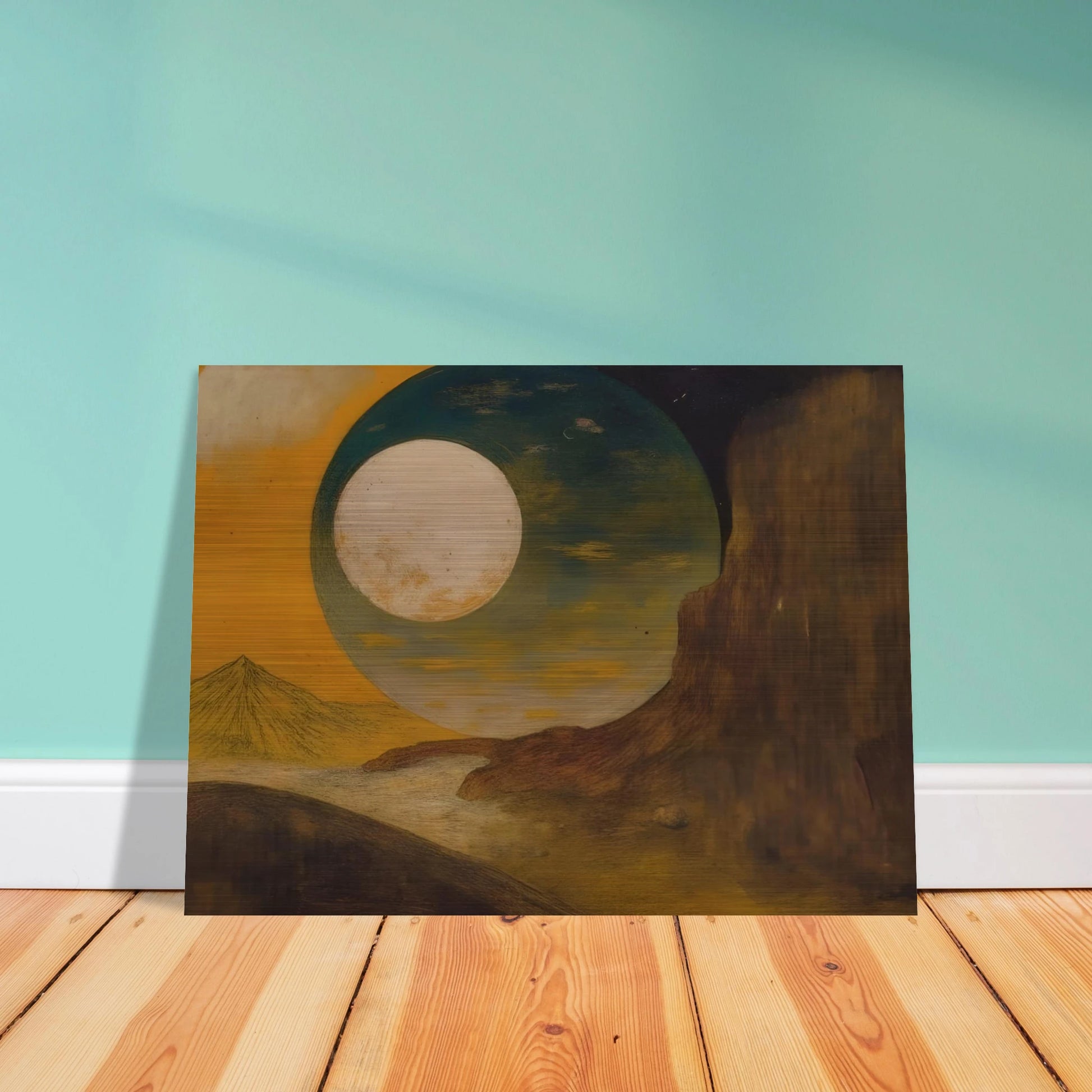 A glowing moon rises over desert cliffs, golden sky, distant pyramid, and shadowed hills.