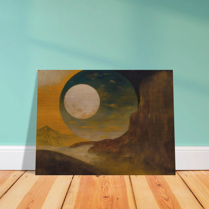 A glowing moon rises over desert cliffs, golden sky, distant pyramid, and shadowed hills.