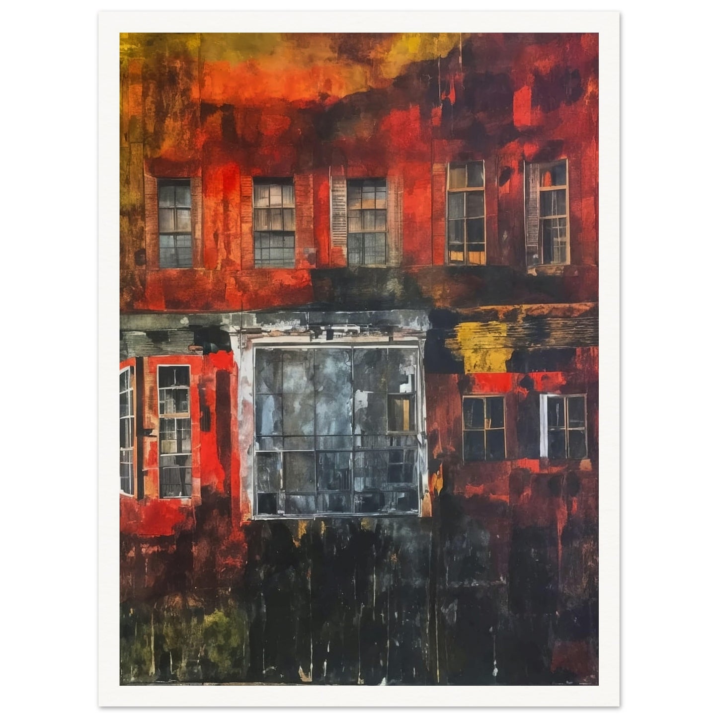 A dramatic painting of a building facade with vivid red, orange, and yellow tones, highlighting the textures and windows.