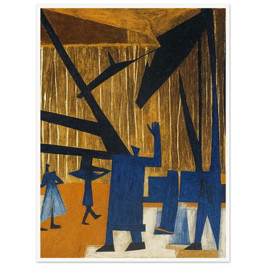 An abstract painting depicting stylized blue figures in a procession against a background of angular shapes in earthy tones.