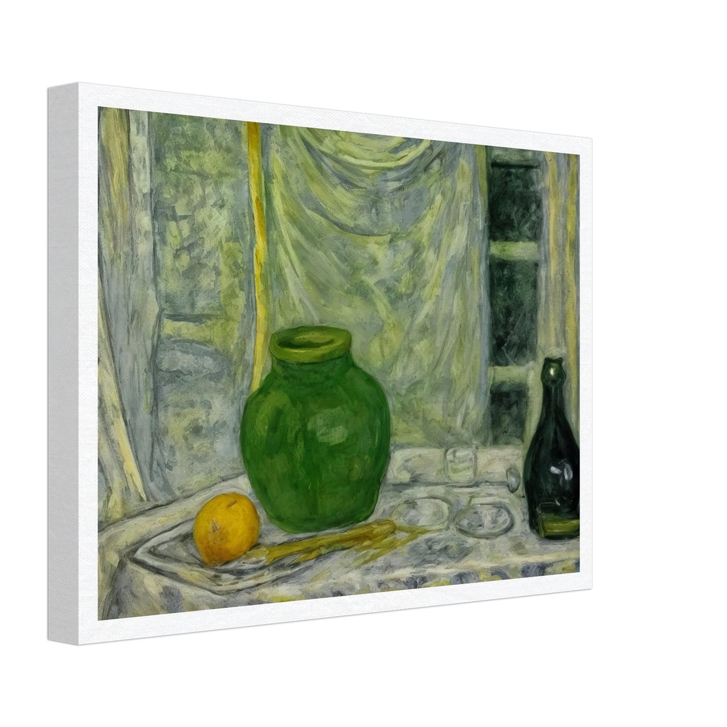 A still life painting featuring a green vase and bottle, alongside an orange on a draped table, set against a softly textured background.