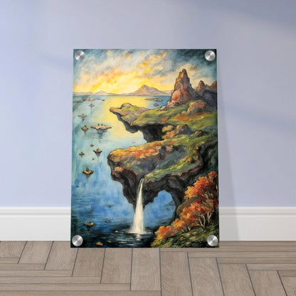 A dreamlike coastal cliff spills into tranquil blue waters beneath a glowing sky, with rocky peaks and autumn trees.