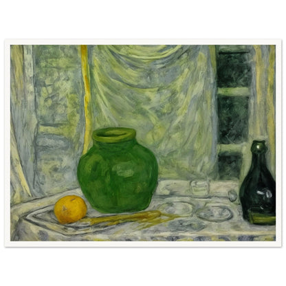 A still life painting featuring a green vase and bottle, alongside an orange on a draped table, set against a softly textured background.