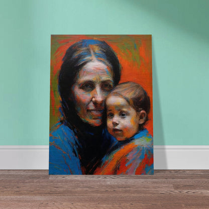 A touching portrait of a mother and child with warm, vibrant colors and expressive brushstrokes.