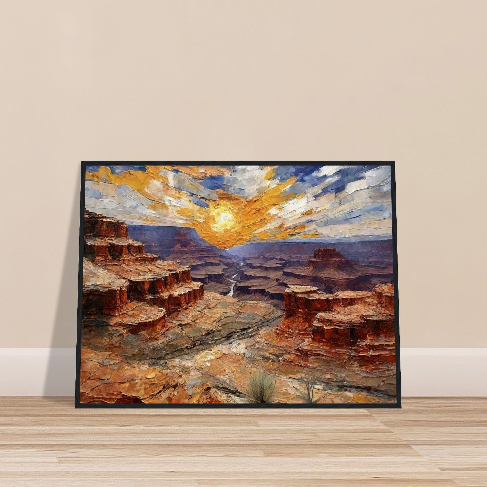 "A dramatic painting of a canyon at sunset, with layers of rocky red cliffs and a radiant golden sun casting light across the vast landscape."