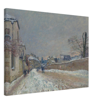 A snowy village road with figures, houses, bare trees, and soft gray winter sky.