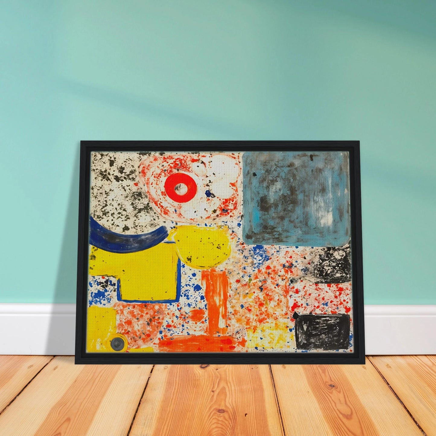 Bright yellow, blue, red, and orange shapes scatter across a speckled white field with bold black marks.