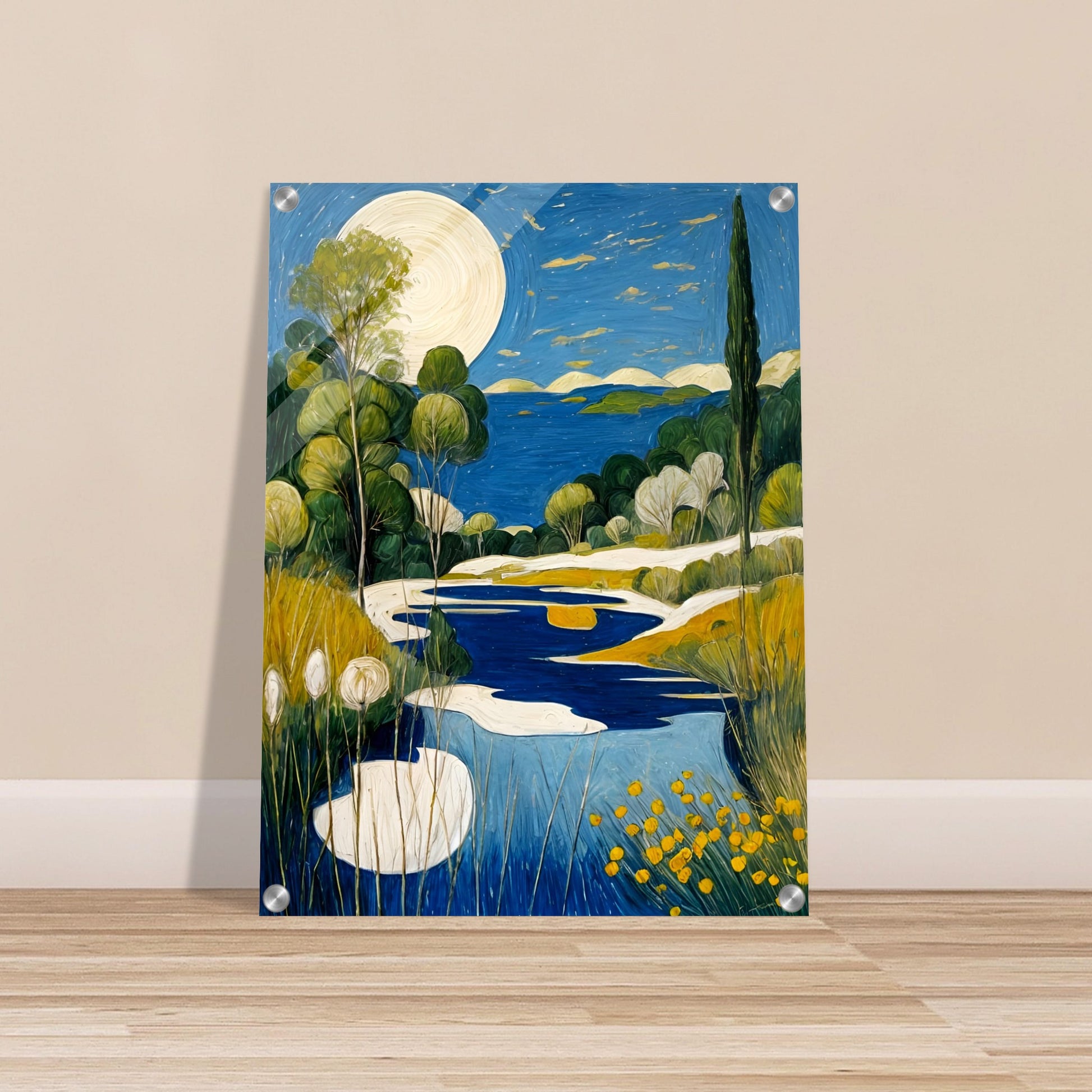A peaceful landscape featuring a glowing full moon over a blue lake, surrounded by lush greenery and golden wildflowers under a starlit sky.
