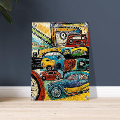 A lively artwork featuring vibrant, multi-colored vintage cars in various shapes and sizes on a winding road, showcasing a playful take on travel and motion.