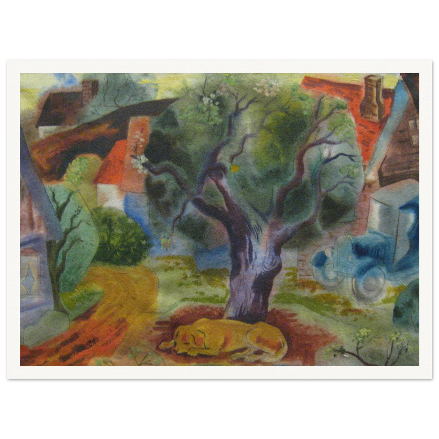 A yellow dog sleeps beneath a twisting tree beside village houses, a winding road, and a blue vintage car.