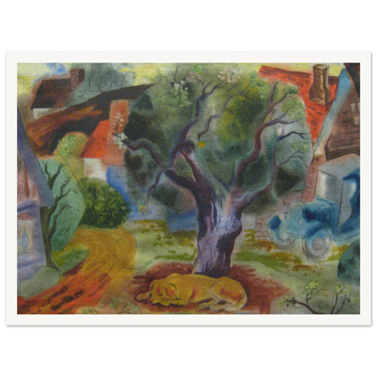 A yellow dog sleeps beneath a twisting tree beside village houses, a winding road, and a blue vintage car.