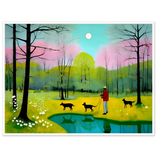 A peaceful scene of a man walking his three dogs through a vibrant spring meadow, with pink-blossomed trees, a reflective pond, and a glowing moon.