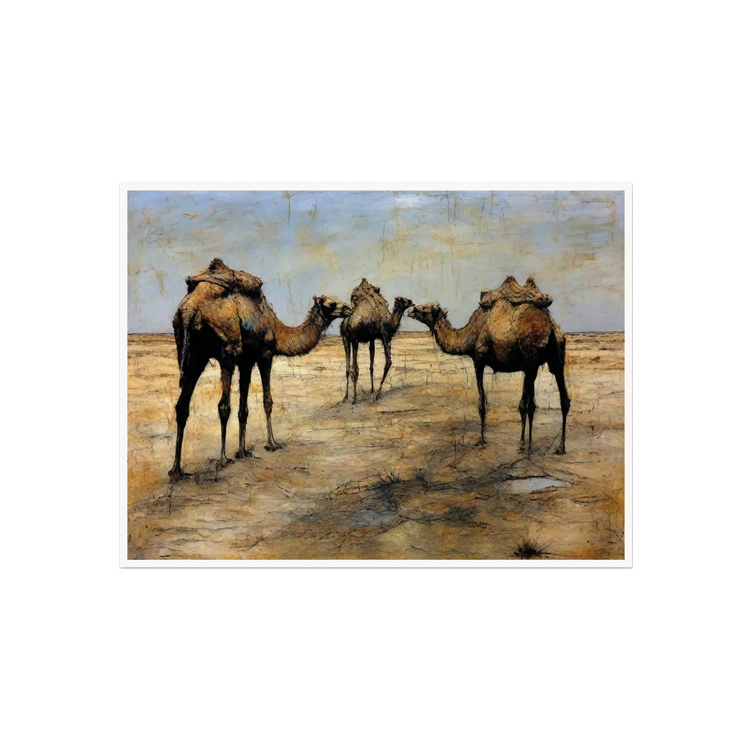 Artwork featuring a group of three camels standing in a desert landscape under a soft blue sky, displayed against a transparent background for showcasing.