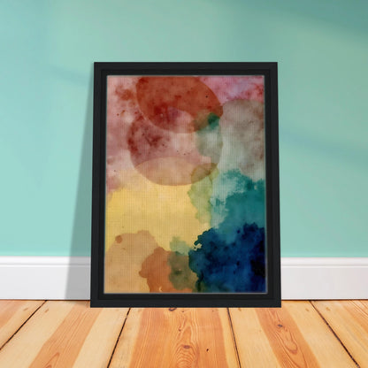 An abstract watercolor composition featuring overlapping translucent shapes in soft pink, yellow, teal, blue, and earth tones, creating a dreamy and atmospheric visual balance.