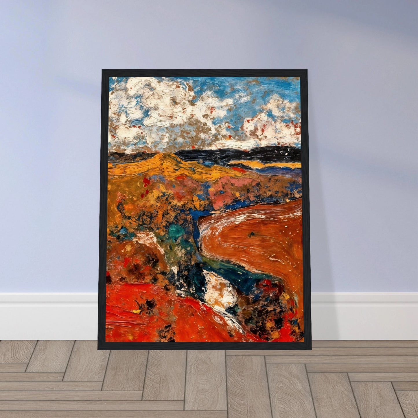 A richly textured abstract landscape featuring vivid red and orange earth tones, deep blue waterways, rolling golden fields, and dramatic cloud-filled skies rendered with expressive brushwork.