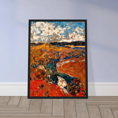 A richly textured abstract landscape featuring vivid red and orange earth tones, deep blue waterways, rolling golden fields, and dramatic cloud-filled skies rendered with expressive brushwork.