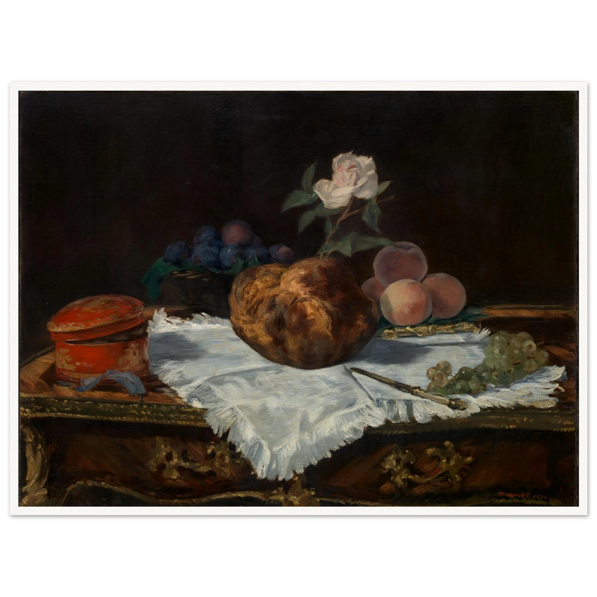 A brioche, fruit, white cloth, and tableware arranged in a quiet classical still life.
