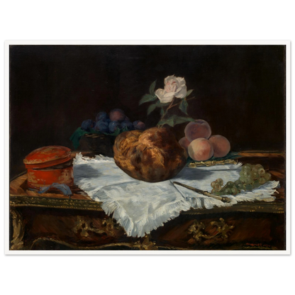 A brioche, fruit, white cloth, and tableware arranged in a quiet classical still life.