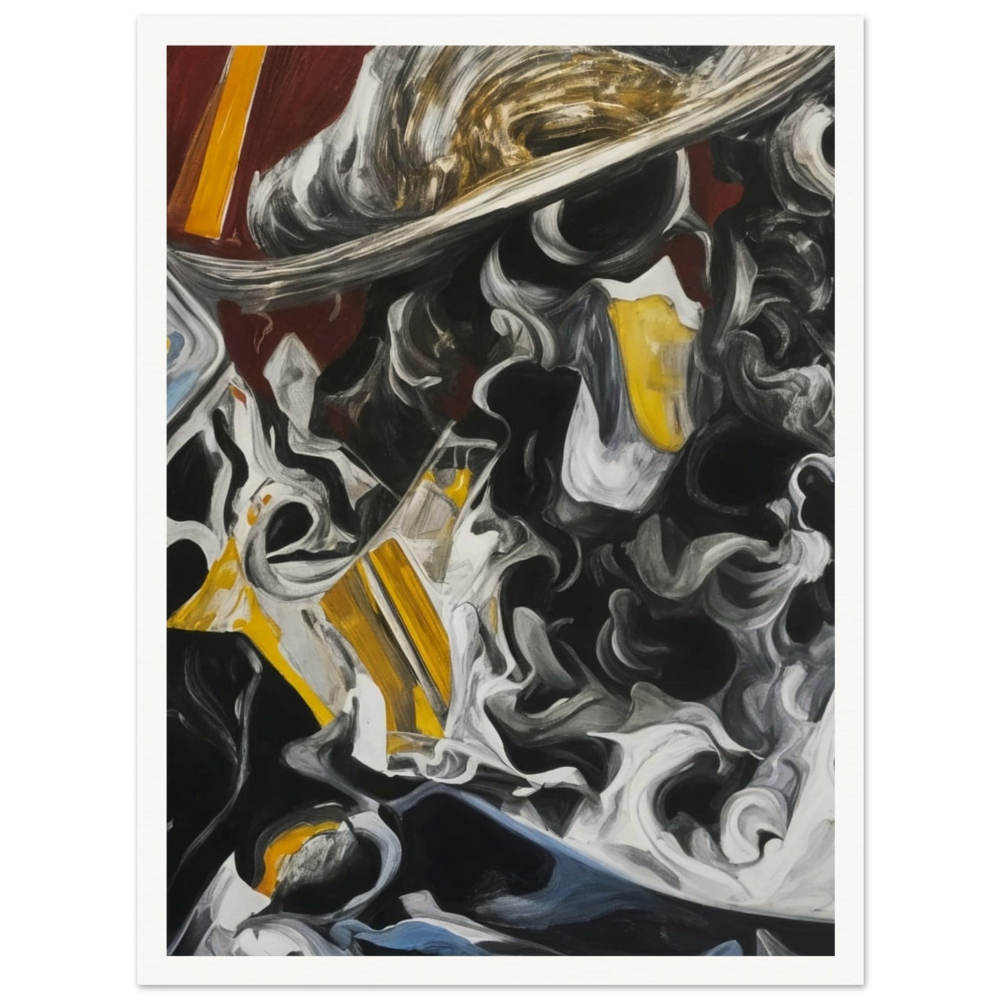 A dynamic composition featuring swirling black, white, and yellow forms that evoke a sense of movement and tension.