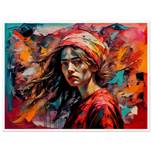 A powerful portrait of a young woman with windswept hair, wearing a red headscarf, against a vivid, fiery background of swirling colors.