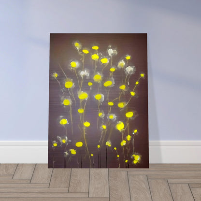 A minimalist painting featuring glowing yellow flowers with soft, translucent petals on a muted gray background, exuding a serene elegance.