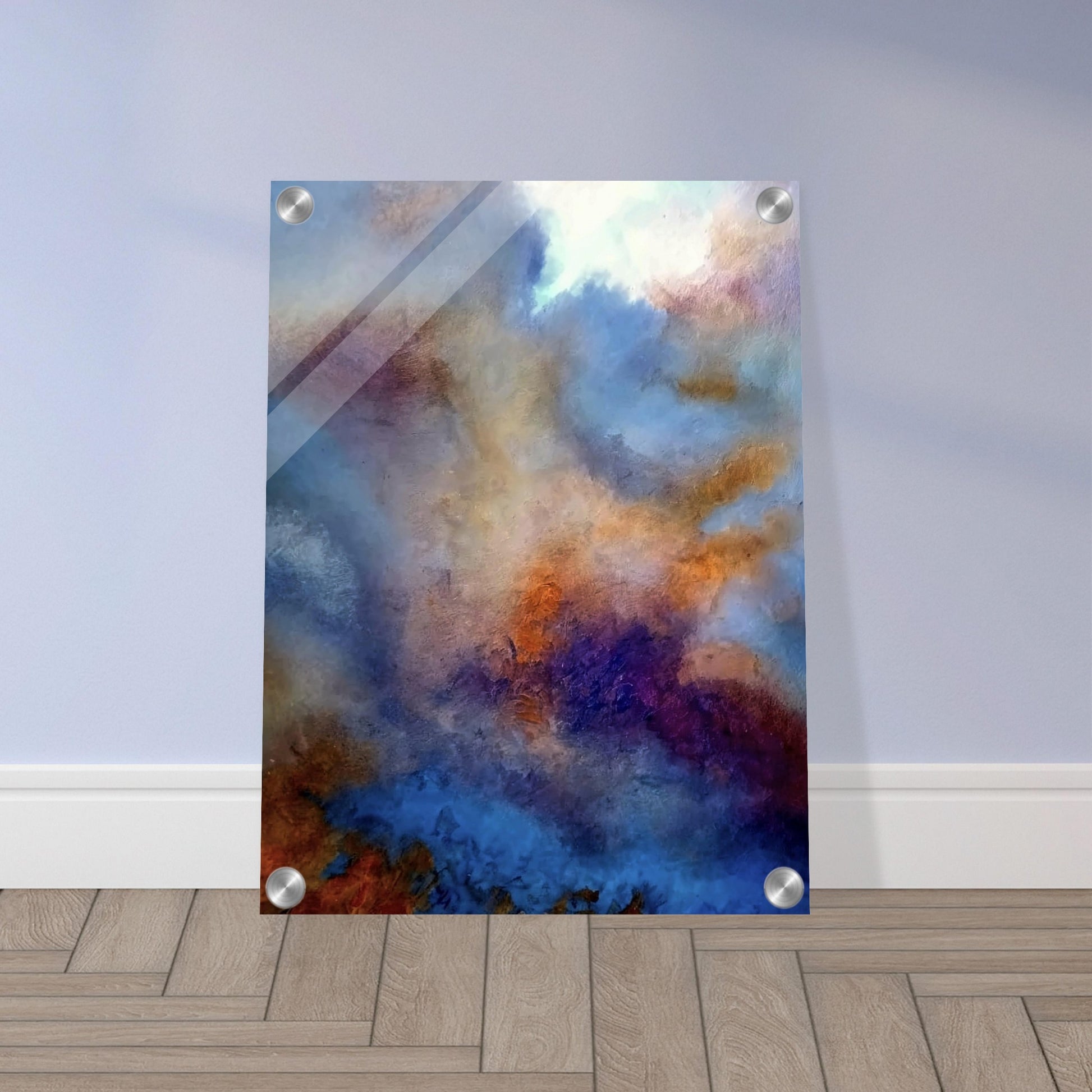 An abstract painting depicting a moody sky with swirling hues of blue, orange, and purple, evoking a dreamy and atmospheric scene.