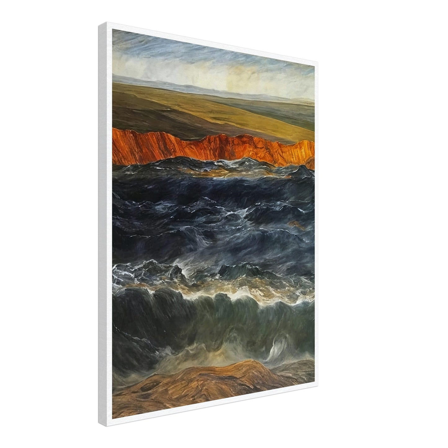 A powerful scene of crashing waves against a rocky coastline with orange cliffs and open fields in the background.