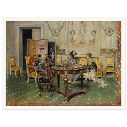 Three elegantly dressed figures gather around a round tea table in an ornate salon with gilded chairs and painted walls.