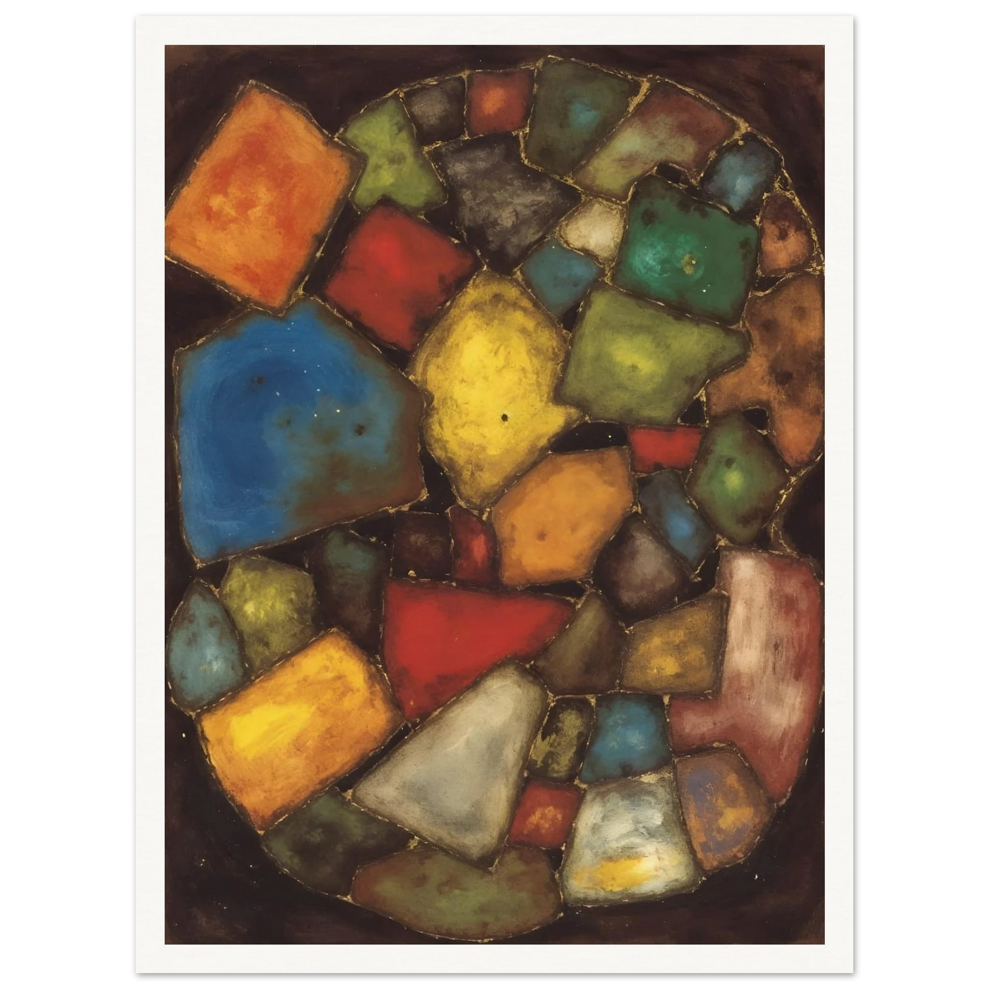 An abstract painting composed of colorful geometric shapes resembling polished stones or stained-glass fragments arranged within an oval composition against a dark background.