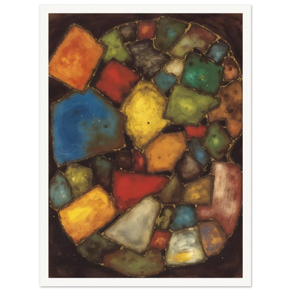 An abstract painting composed of colorful geometric shapes resembling polished stones or stained-glass fragments arranged within an oval composition against a dark background.
